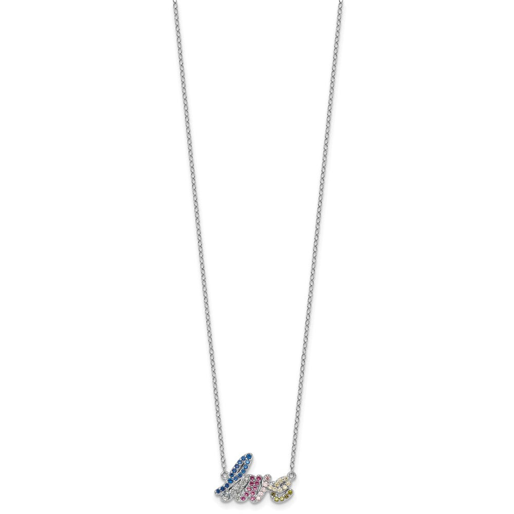 SS RH-pltd Polished Multicolor CZ LOVE 16in w/2in Ext Necklace 16 Inches