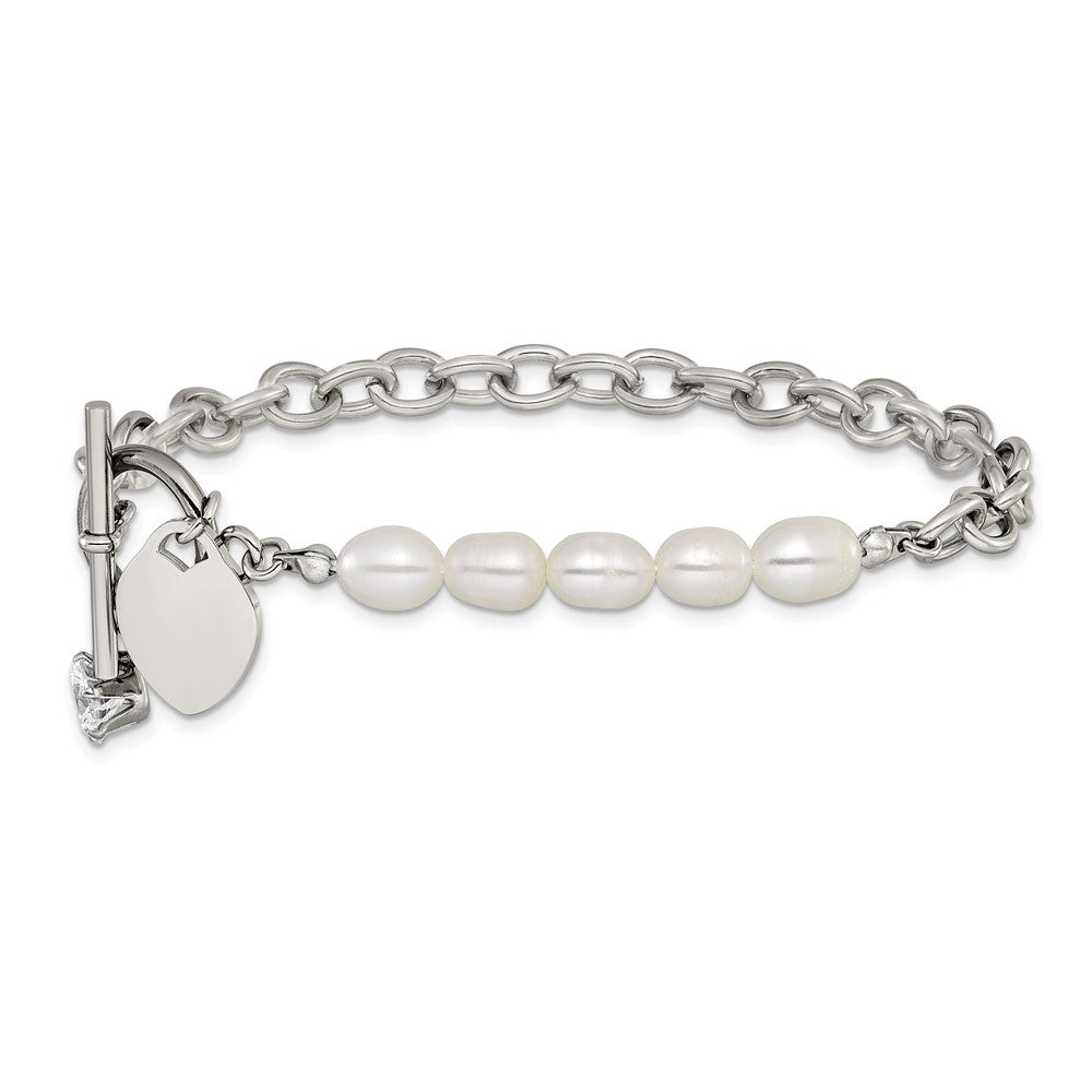 Chisel Stainless Steel Polished with Half White Freshwater Cultured Pearl and CZ Heart Dangle 8.25 inch Bracelet 8.25 inches