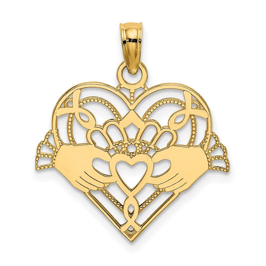10K Polished and Beaded Claddagh In Heart Charm