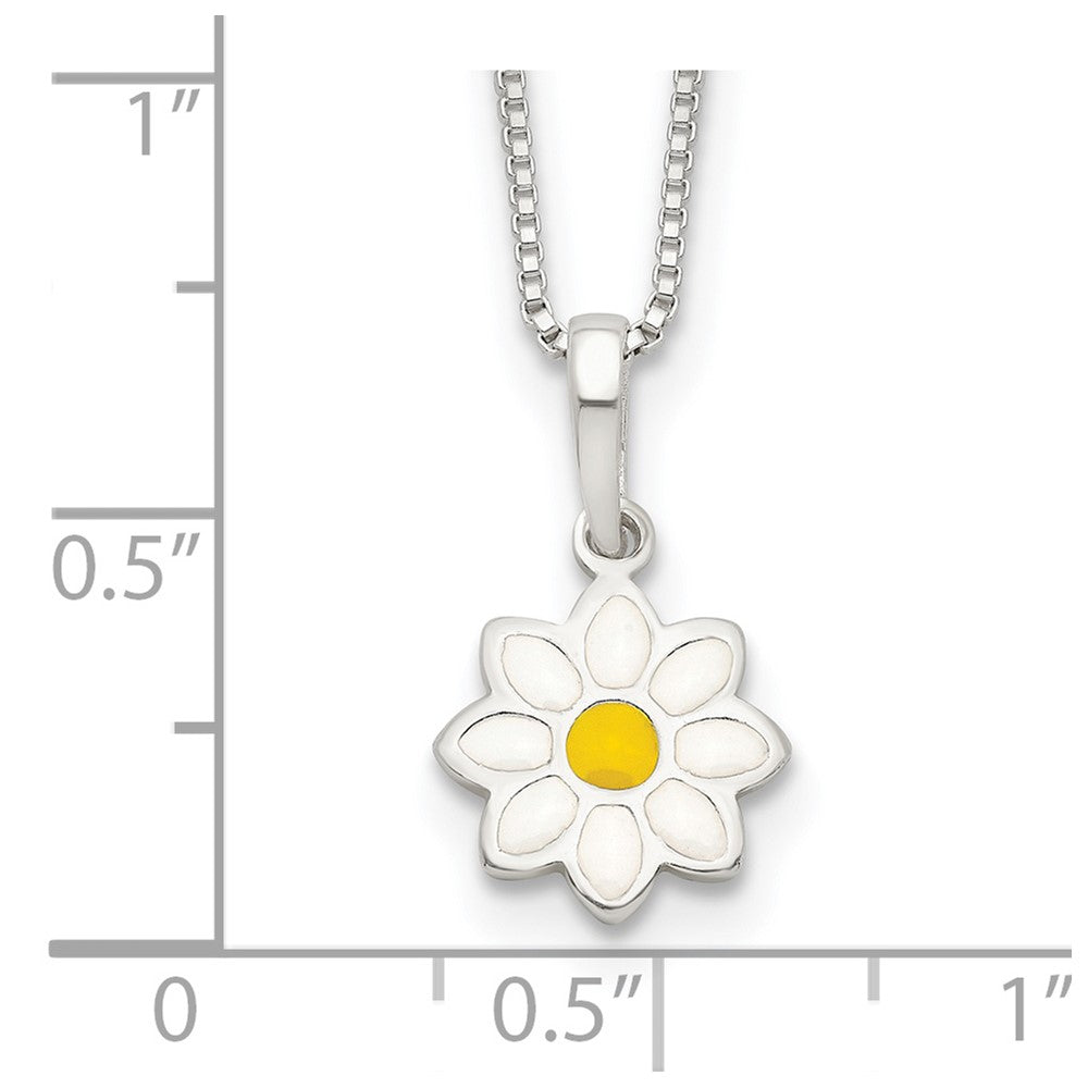 Sterling Silver Polished Yellow & White Enamel Flower Children's Necklace 15 Inches