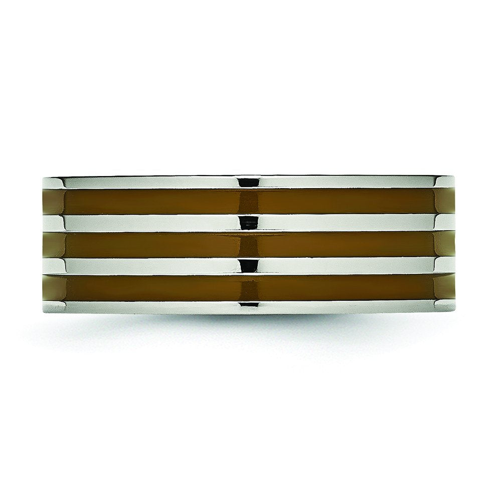 Titanium Polished Brown Enamel Striped 8mm Flat Band Size - 9.5