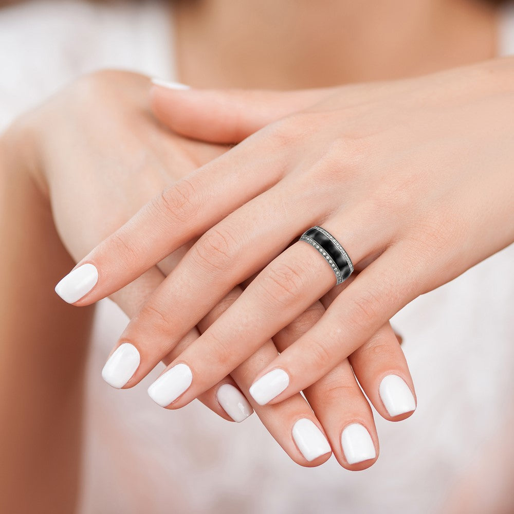 Stainless Steel Polished Black Ceramic CZ Ring Size - 10.5
