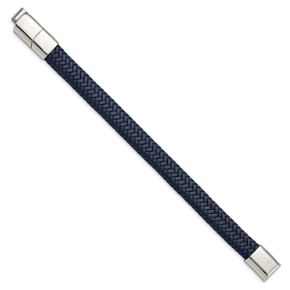 Stainless Steel Polished Navy Blue Leather 7.75in w/.5in ext Bracelet 7.25 inches