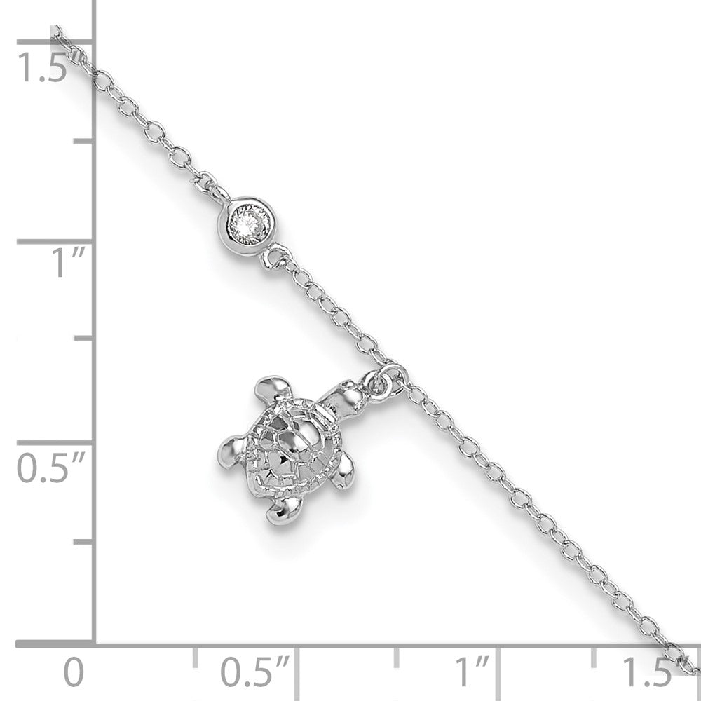 Sterling Silver Rhodium-plated Polished CZ Turtle 9 inch with an 1 inch extention Anklet 9 inches