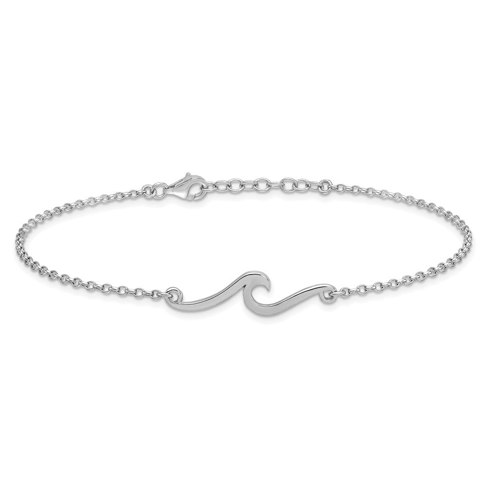 Sterling Silver Rhodium-plated Polished Wave 9 inch with a 1 inch extention Anklet