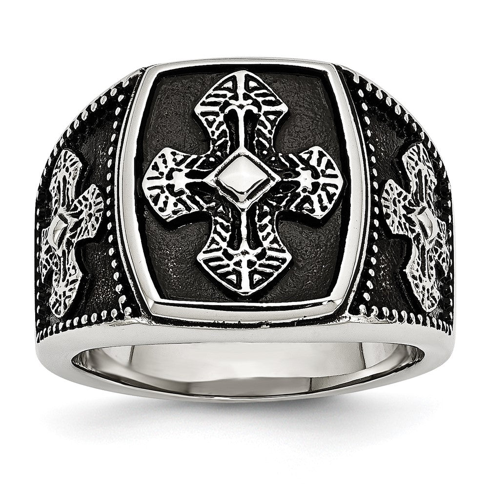 Stainless Steel Antiqued Polished & Textured Cross Ring Size - 11