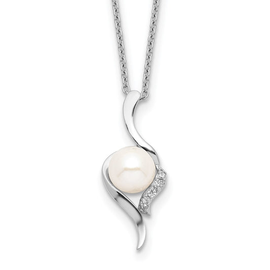 Sterling Silver Rhodium-plated 6-7mm White Semi-Round Freshwater Cultured Pearl and CZ 17 inch Necklace 17 Inches