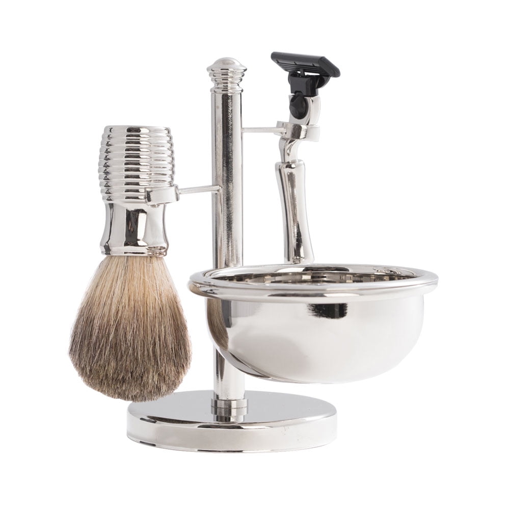 Chrome-plated Soap Dish Badger Brush and Mach 3 Razor Shaving Set with Stand QGM105