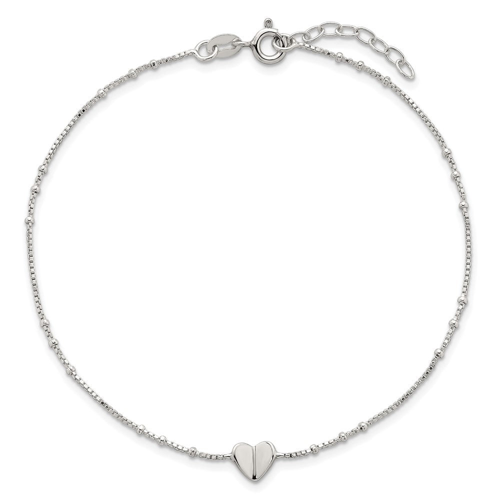 Sterling Silver Polished and Beaded Heart 9 inch with 1 inch Extension Anklet