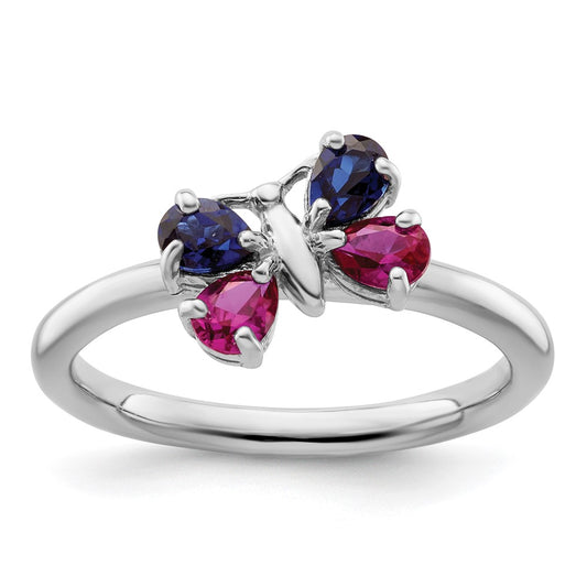 Sterling Silver Stackable Expressions Cr Ruby & Cr Sapphire Butterfly Ring Size -10