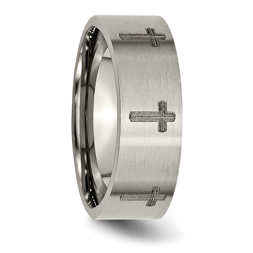 Titanium Brushed Cross Laser Design 8mm Flat Band Size - 7.5