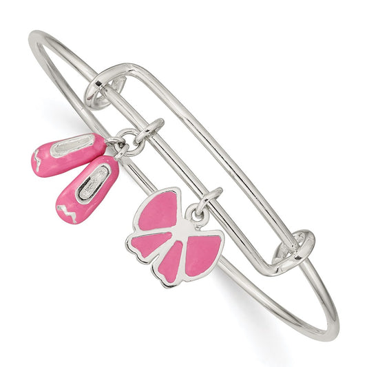 Sterling Silver Enameled Ballet Shoes & Bow Adjustable Children's Bangle 5.5 inches