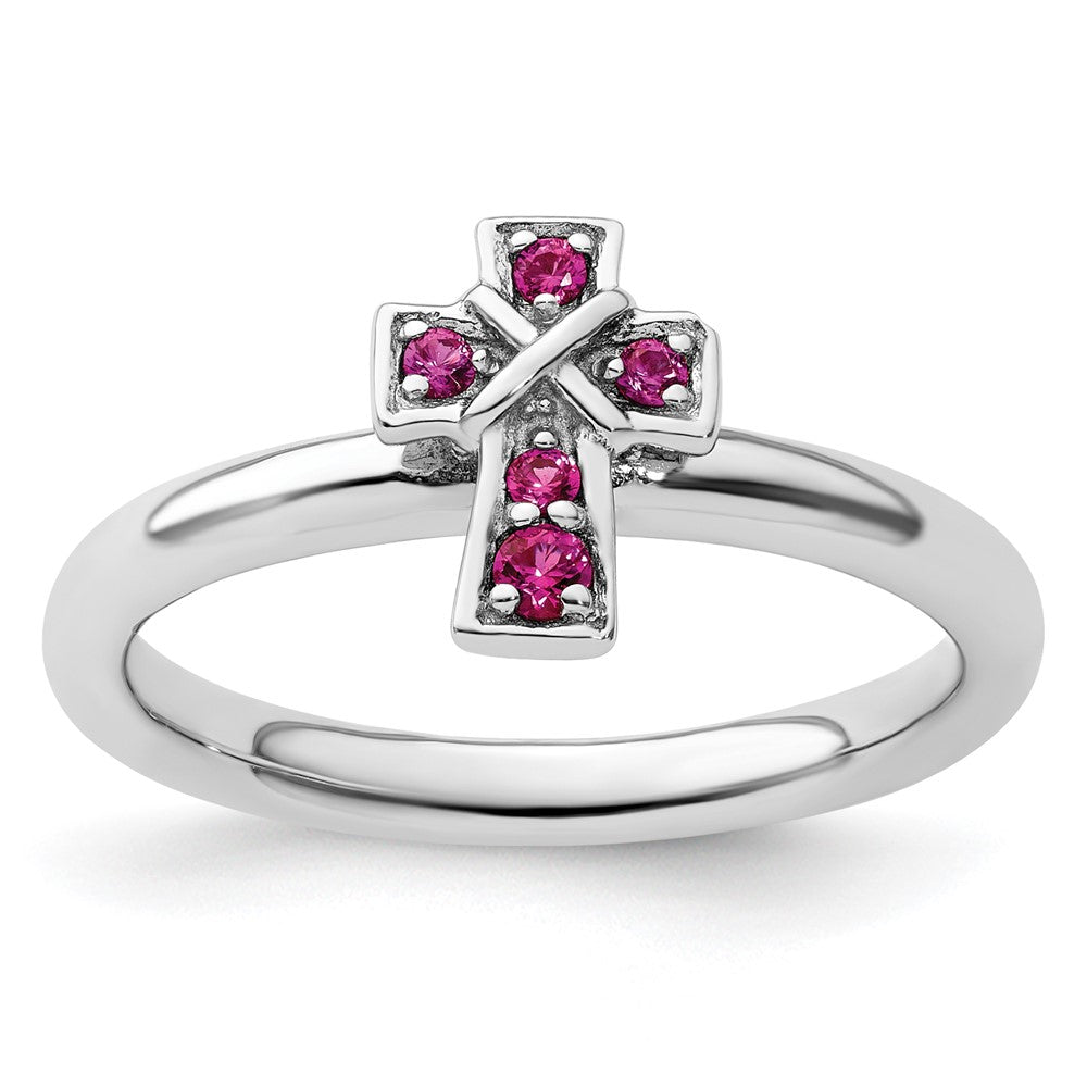 Sterling Silver Stackable Expressions Rhodium Created Ruby Cross Ring Size -8