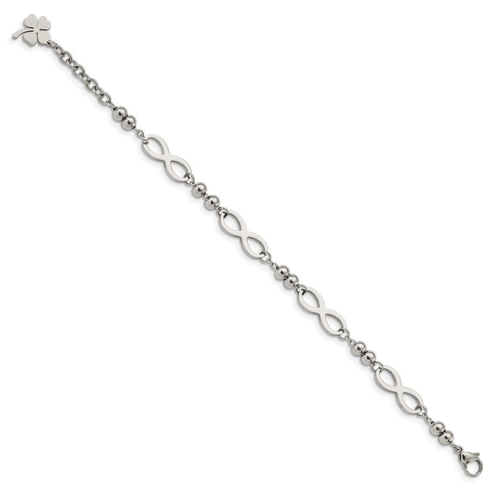 Stainless Steel Polished Infinity 4 Leaf Clover 6.5in w/1in ext. Bracelet
