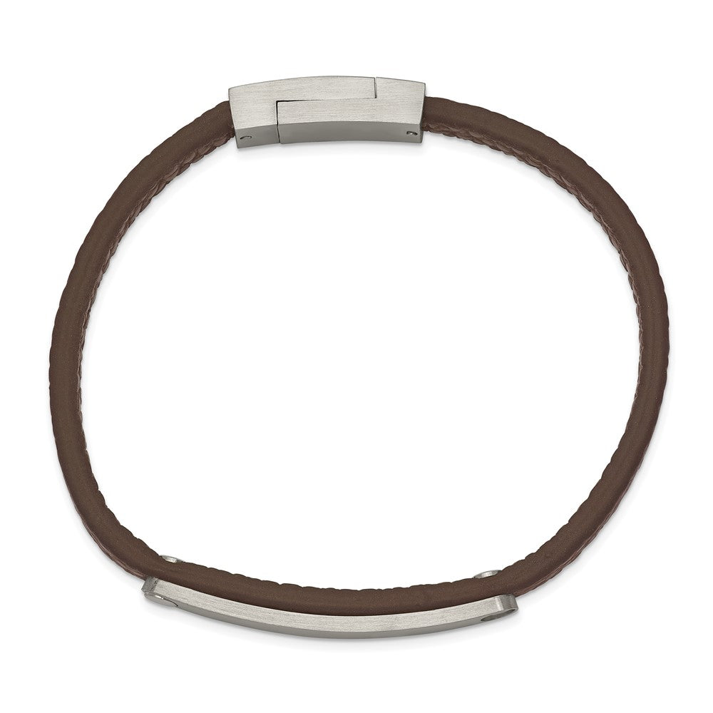 Stainless Steel Brushed Brown Leather 8.25in ID Bracelet 8.25 inches
