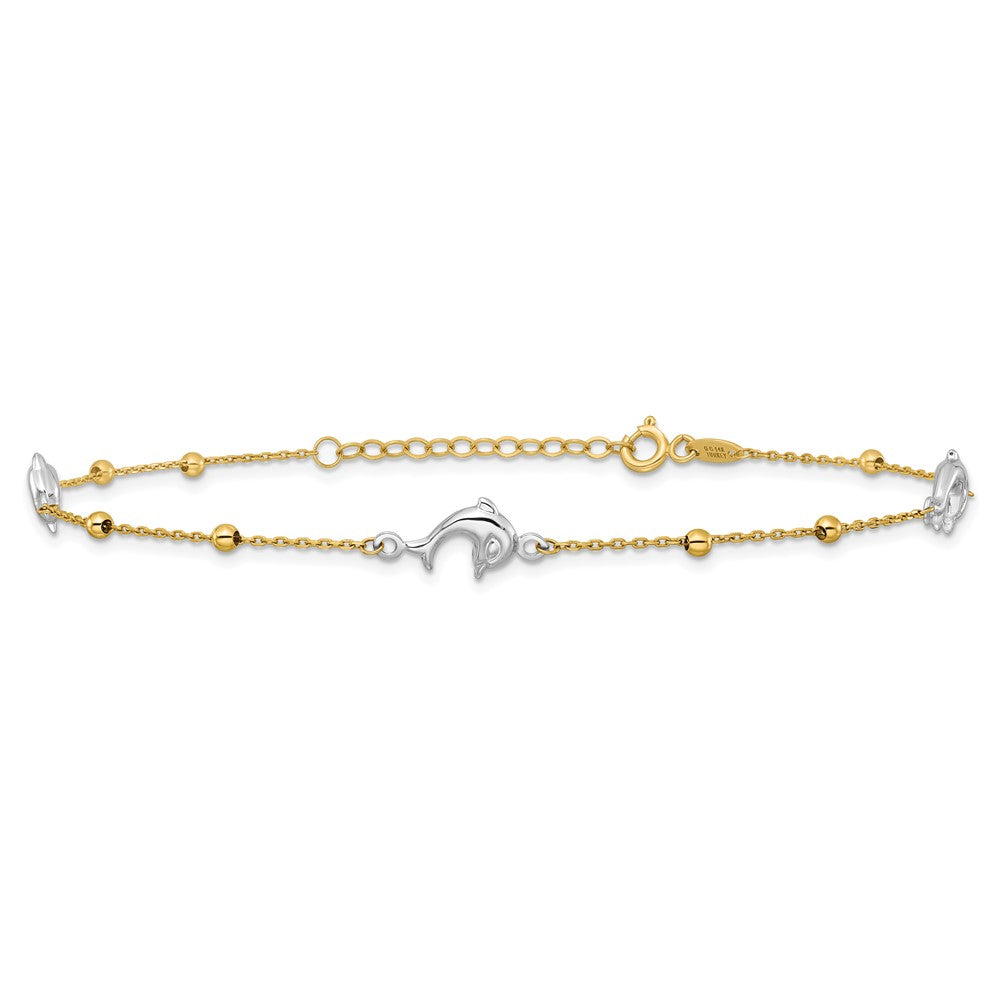 14K Two-tone Polished Beads and Three Dolphins 9 inch with 1 inch Extender Anklet