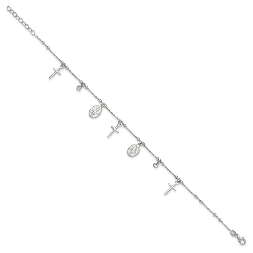 Sterling Silver Rhodium-plated CZ Cross and Mary Charm 9in w/1in ext Anklet 9 inches