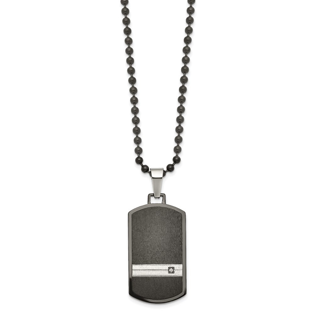 Stainless Steel Brushed and Polished Black IP w/CZ Dog Tag 24in Necklace
