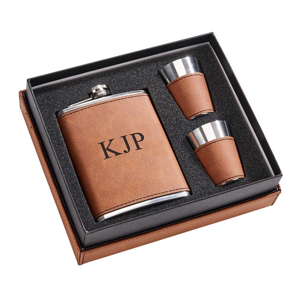 Leatherette Box with Flask and Two Cups in Caramel