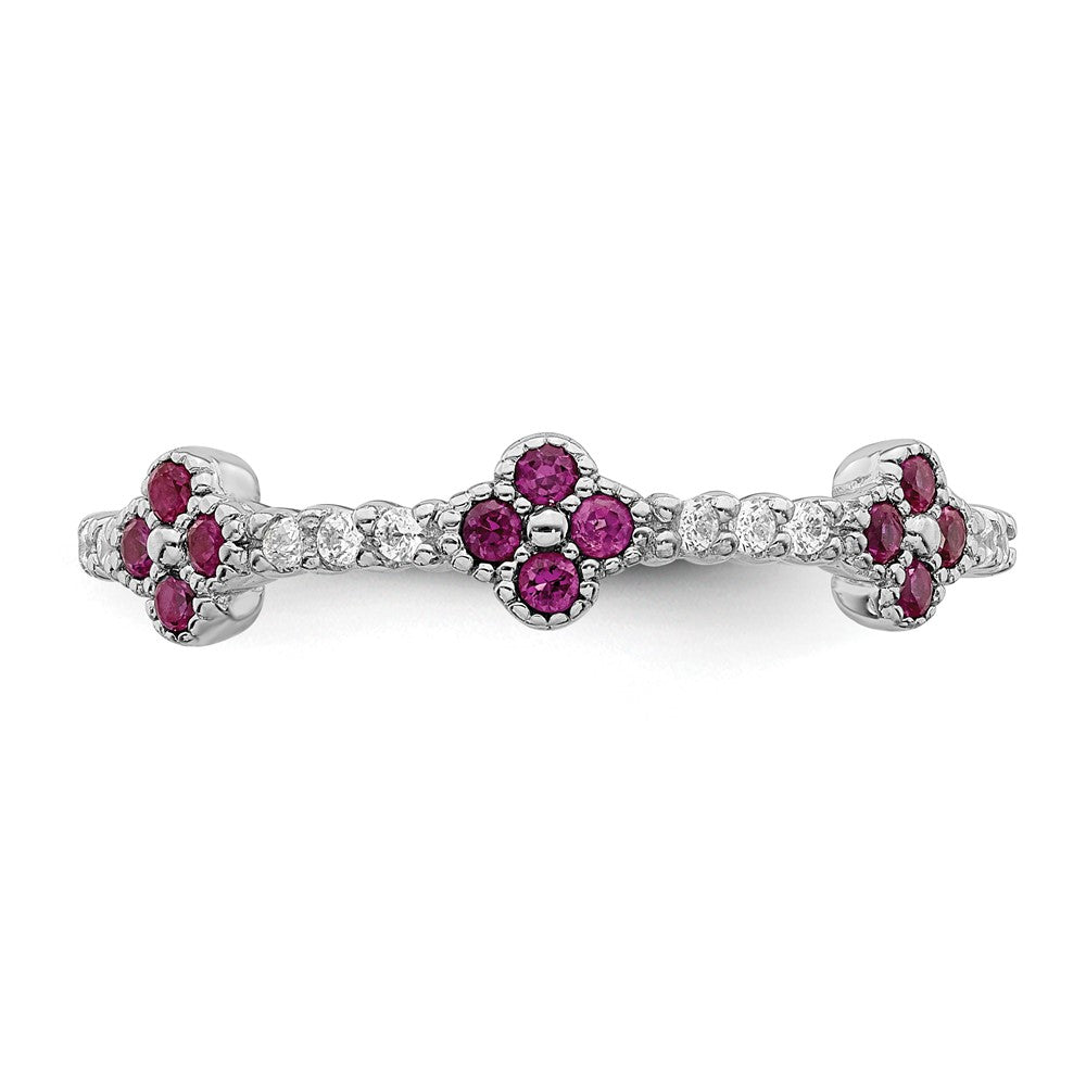 Sterling Silver Rhodium Plated Red & Clear CZ Ring