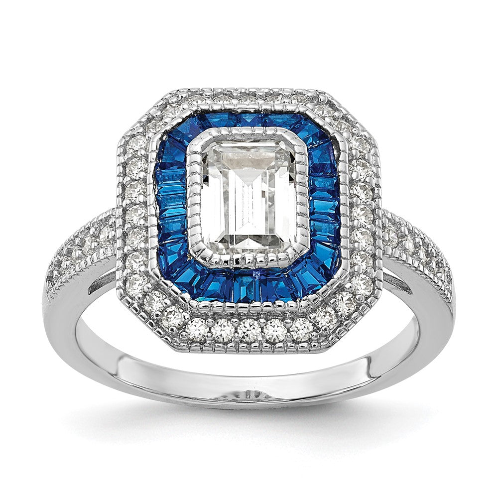 Sterling Silver Diamonique and Simulated Sapphire Deco Ring-6