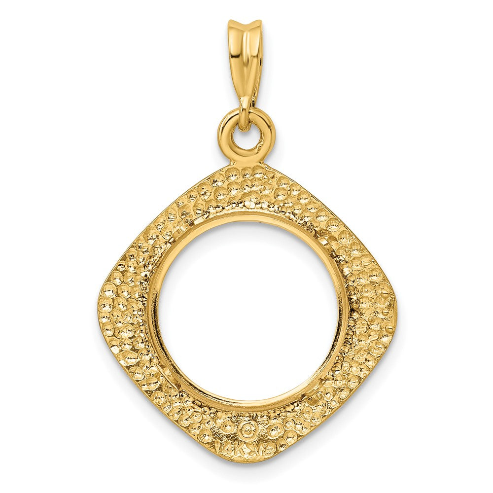 Wideband Distinguished Coin Jewelry 14k Polished Textured and Beaded Diamond Shaped 15.0mm Prong Coin Bezel Pendant