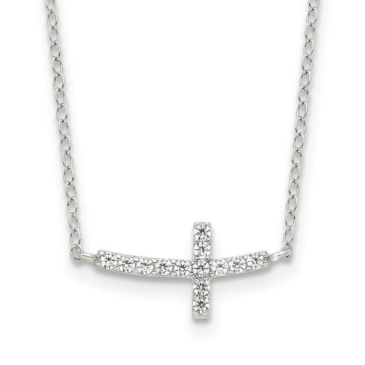 Sterling Silver Rhodium-plated CZ Sideways Cross w/2in Ext Necklace 16 Inches