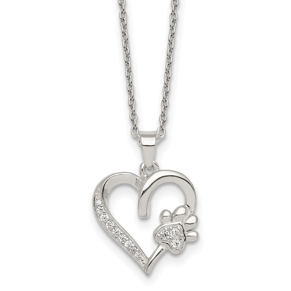Sterling Silver Polished CZ Heart and Paw Necklace 16 Inches