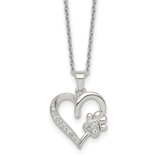 Sterling Silver Polished CZ Heart and Paw Necklace 16 Inches