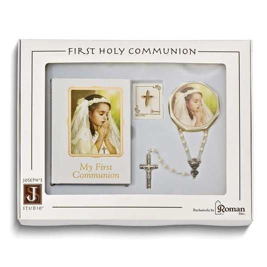 5 Piece Girl Communion Set Rosary Box Book Pin Scapular