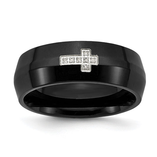 Stainless Steel Polished Black IP-plated 2pt Diamond Cross 8mm Band Size - 11