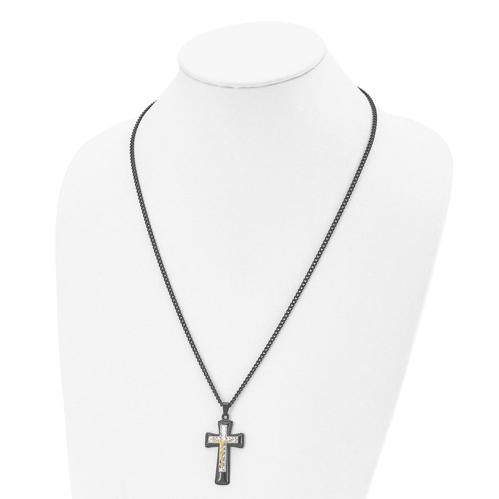 Stainless Steel Black & Yellow IP w/ Silver IP Brass Crucifix Necklace