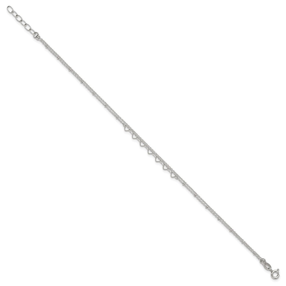 Sterling Silver Polished and Beaded Hearts Double Strand 9 inch with 1 inch Extension Anklet