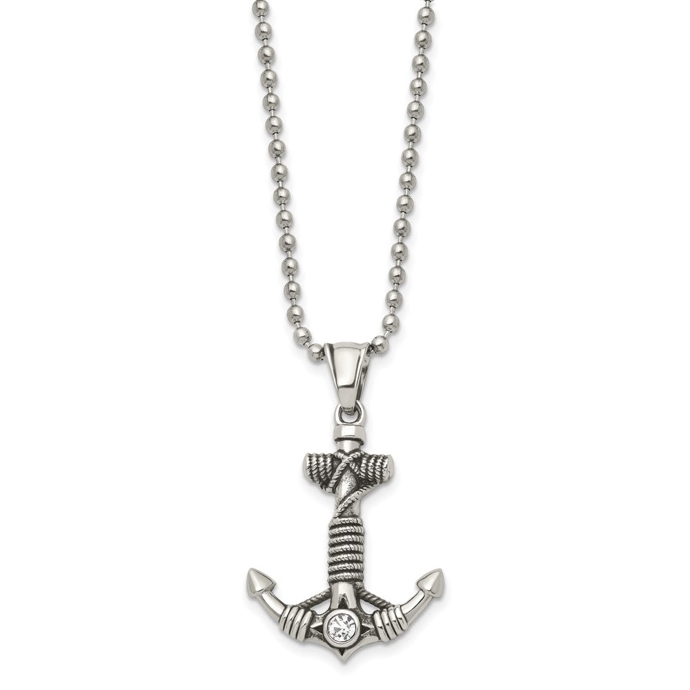 Stainless Steel Antiqued and Polished w/ CZ Anchor 20in Necklace