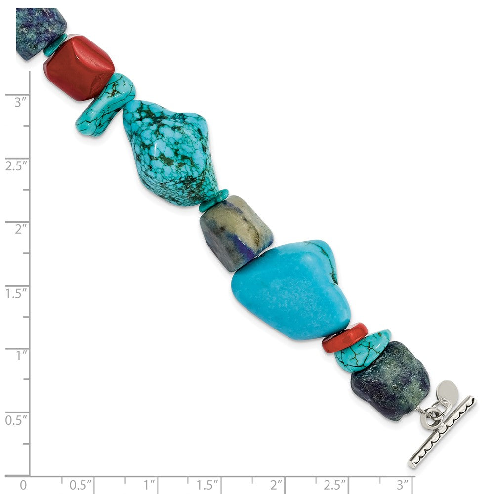 Sterling Silver Red Coral/Howlite/Lapis/Turquoise Bracelet 8 inches