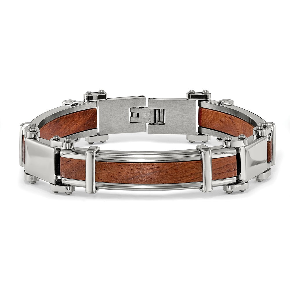 Stainless Steel Polished with Wood Inlay 8.25in Bracelet 8.25 inches
