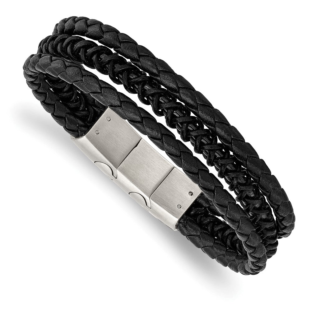 Stainless Steel Brushed & Polished Black IP Leather w/.5in ext Bracelet 8 inches
