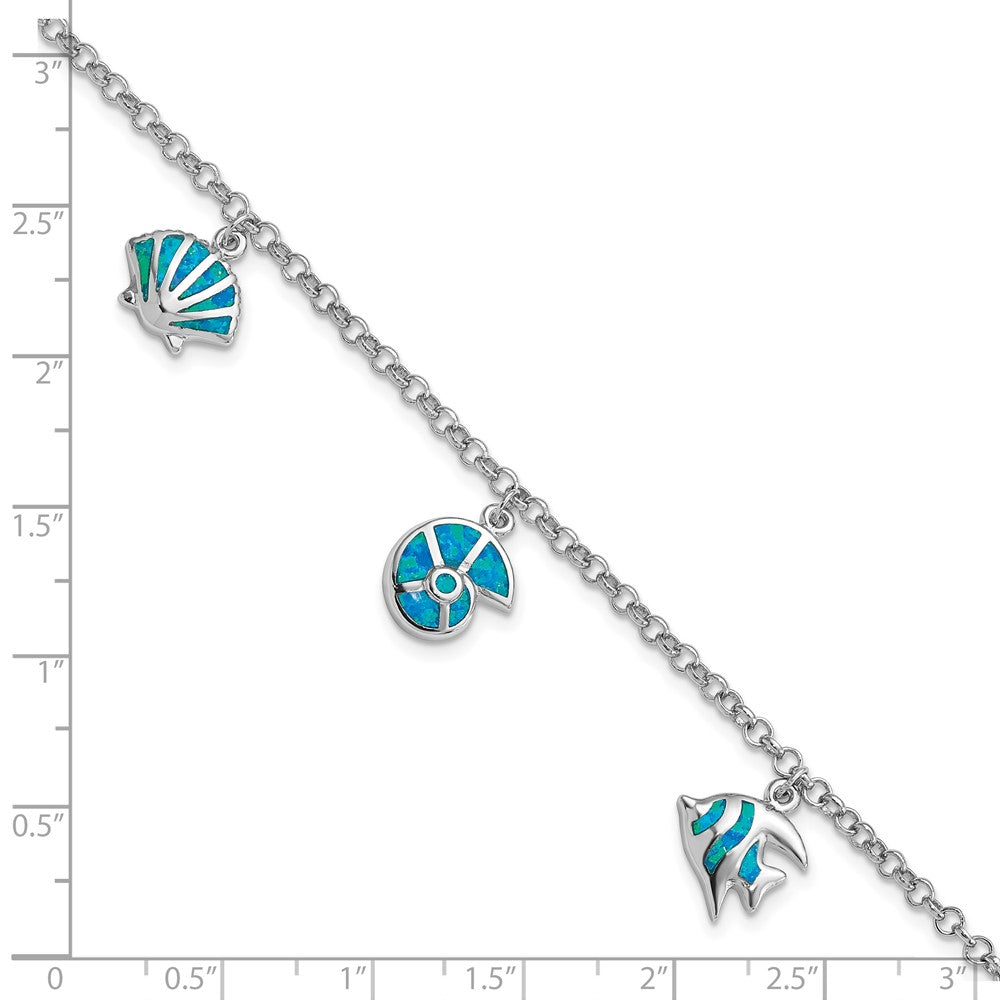 Sterling Silver Rhodium Created Opal Fish and Shells Charm 7.25 inch Bracelet 7.25 inches