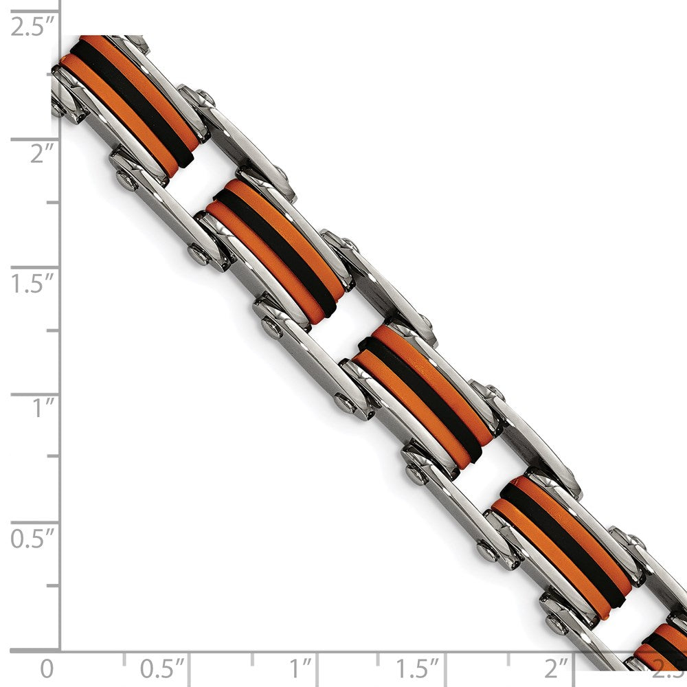 Stainless Steel 8.75in Polished with Polyurethane Black & Orange Bracelet 8.75 inches