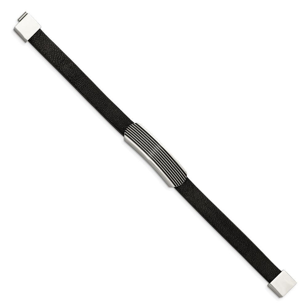 Stainless Steel Polished Enameled Black Leather 8.5in Bracelet 8.5 inches