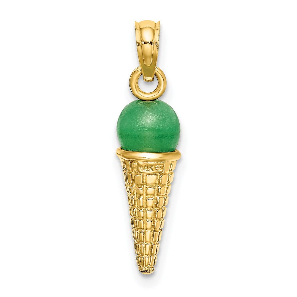 14K Satin Polished 3D  Green Bead Ice Cream Cone Pendant