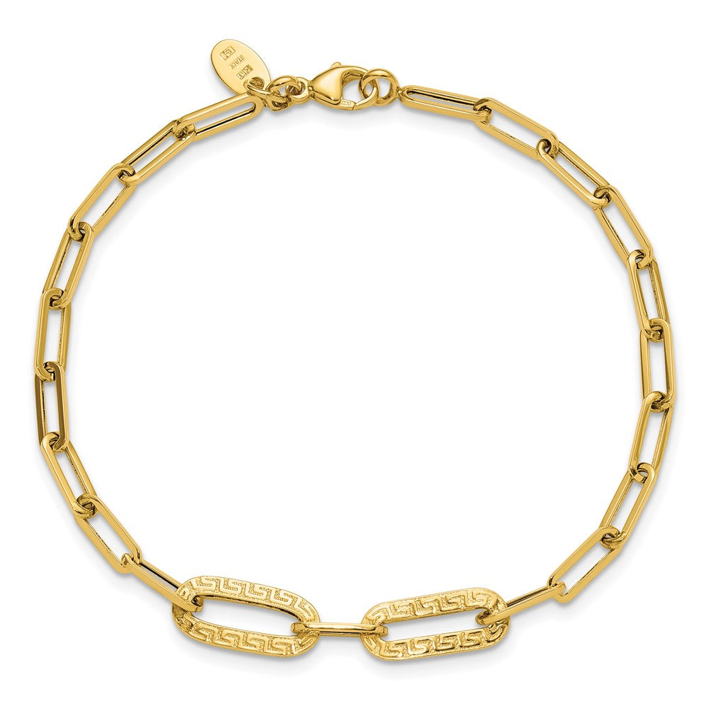 14K Polished Textured Greek Key Paperclip Link Bracelet 7.5  inches