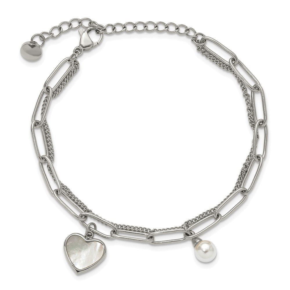 Chisel Stainless Steel Polished Mother of Pearl Heart and Simulated Pearl 6.5 inch Plus a 2 inch Extension Bracelet 6.5 inches
