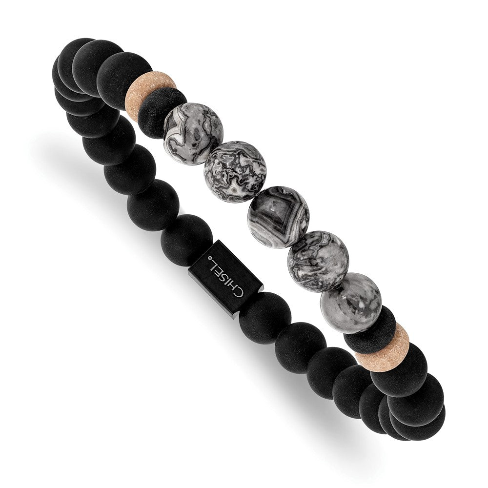 Stainless Steel Brushed Black IP Black Agate/Grey Jasper Stretch Bracelet 7.25 inches