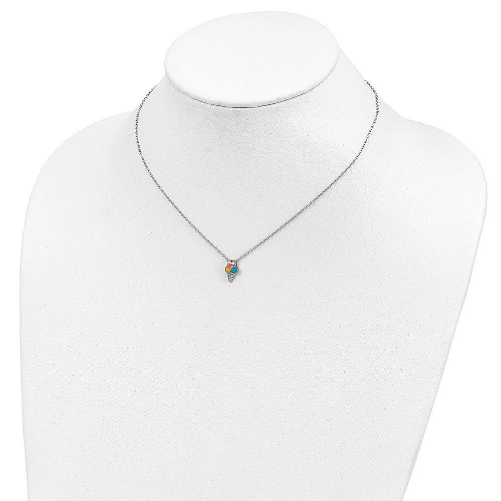 Sterling Silver Polished & Textured Multi-color Enameled Ice Cream Cone with 2 Inch Extension Children's Necklace 16 Inches