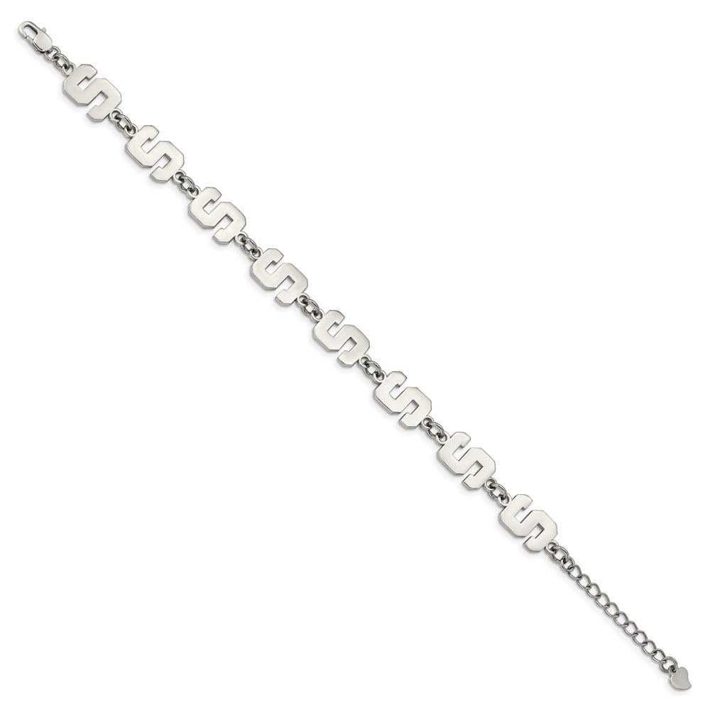 Stainless Steel LogoArt Michigan State University Letter S Links 7 inch Bracelet with 1.5 inch Extender QST515MIS