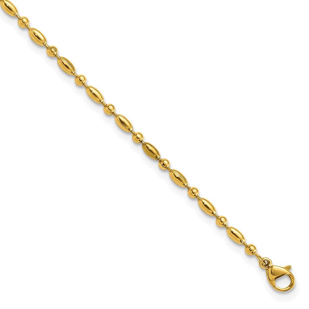 Stainless Steel Polished Yellow IP Fancy Beaded 9.5in Plus 1in ext. Anklet