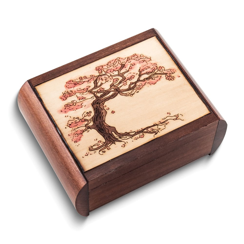 Handcrafted Solid Wood Flowering Tree Carved and Painted Secret Puzzle Box