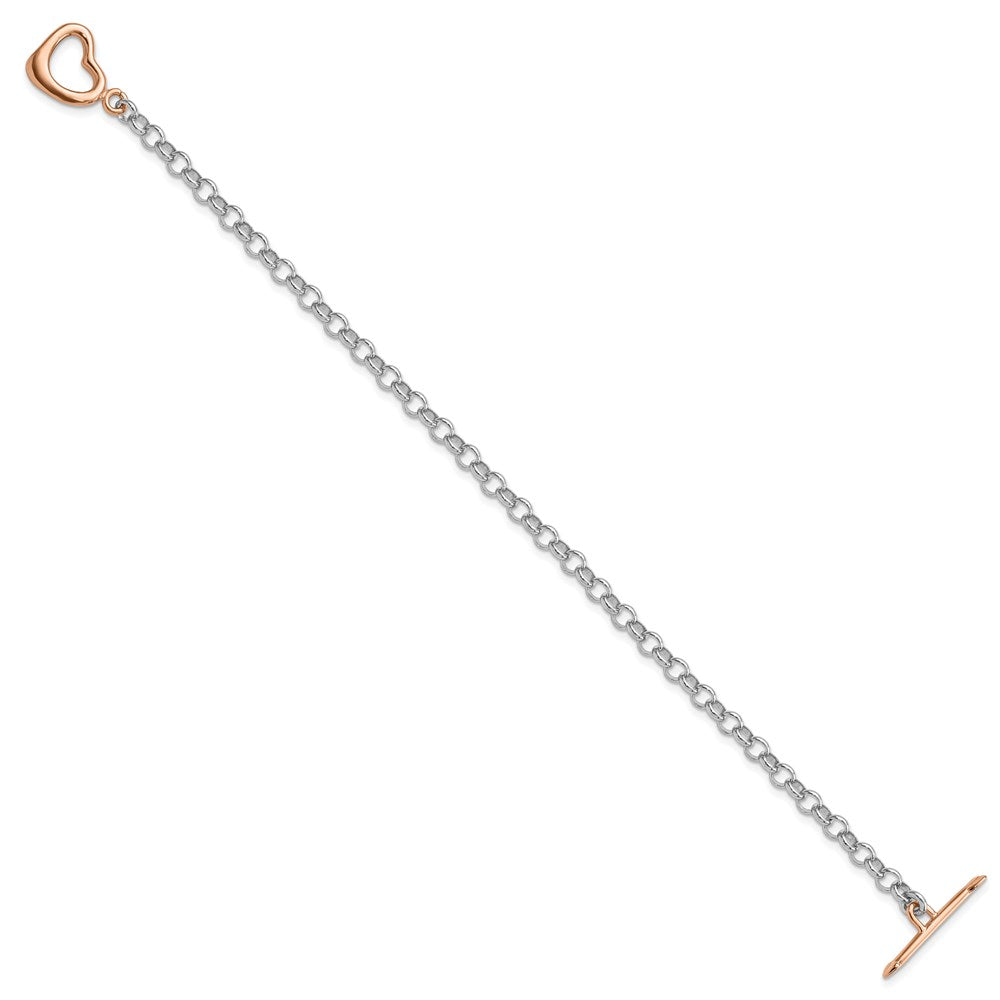 Sterling Silver Rhodium-plated Rose-tone Rolo w/Heart Bracelet 7.75 inches