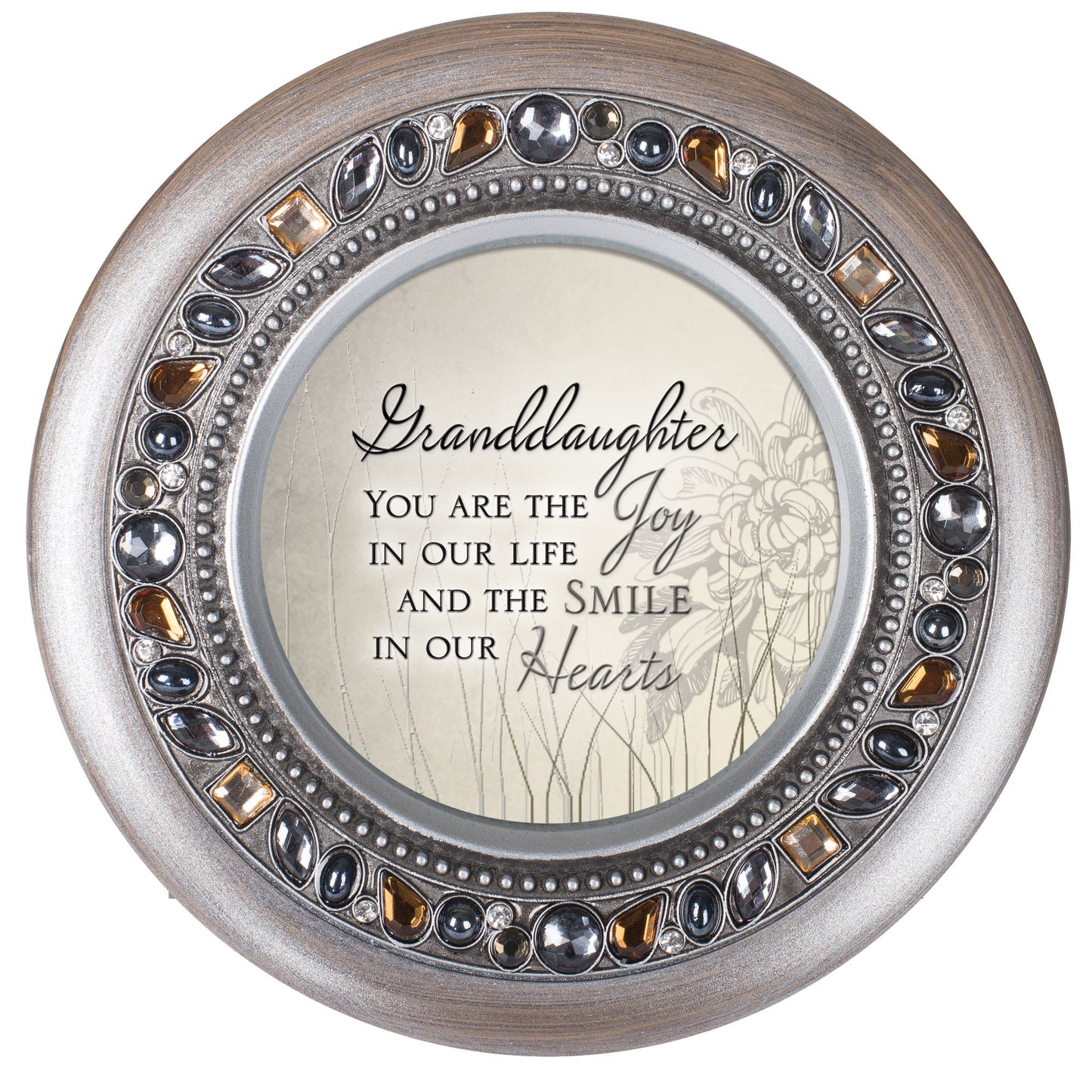 Cottage Garden Granddaughter the Joy and Smile Brushed Silver Round Jeweled Music Box Plays Tune Wonderful World